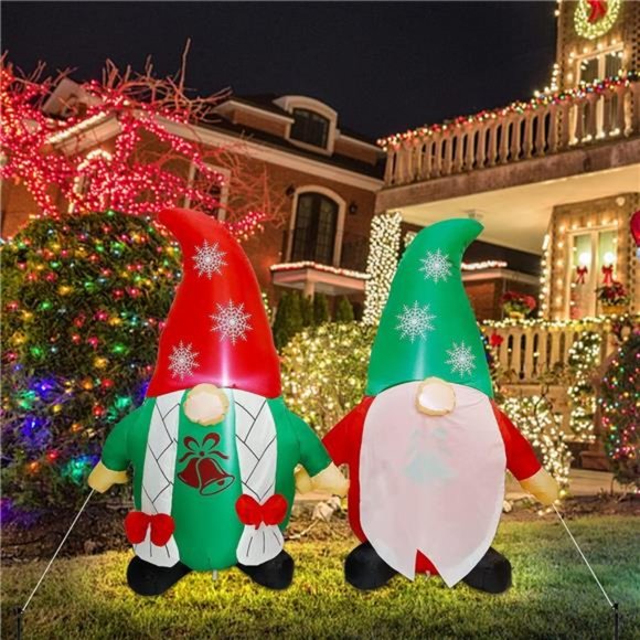 Inflatable Lighted Christmas Gnomes Couple, Swedish Gnome, 3.6ft H x 4.9ft W - Picture 1 of 6